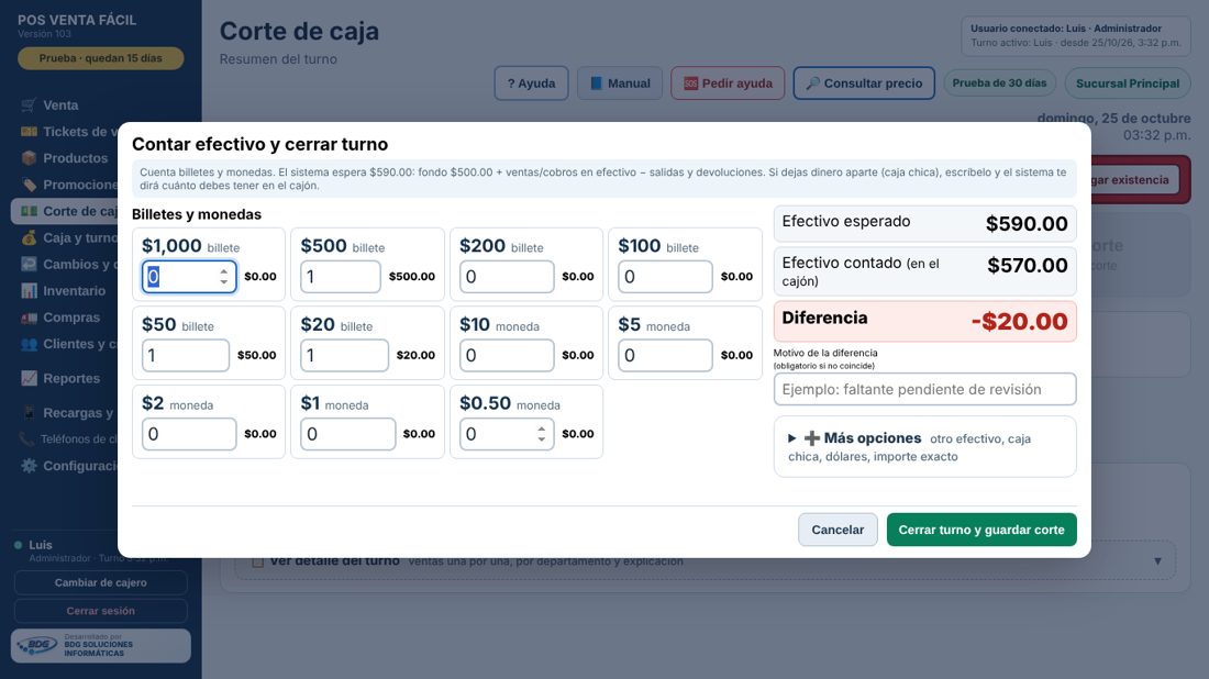 Contar efectivo en el corte