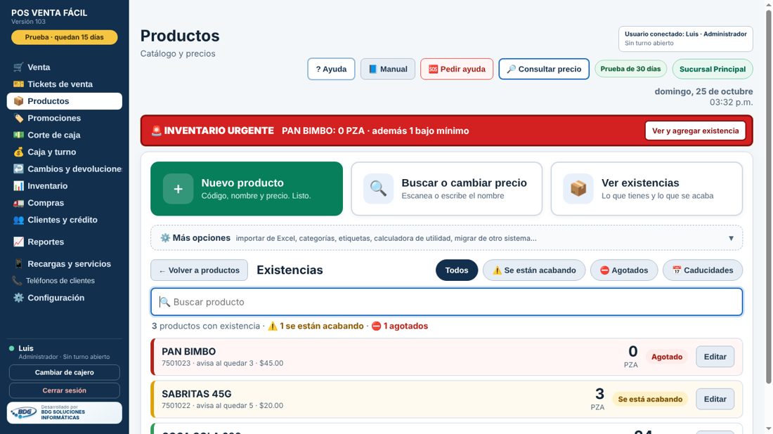 Existencias con colores