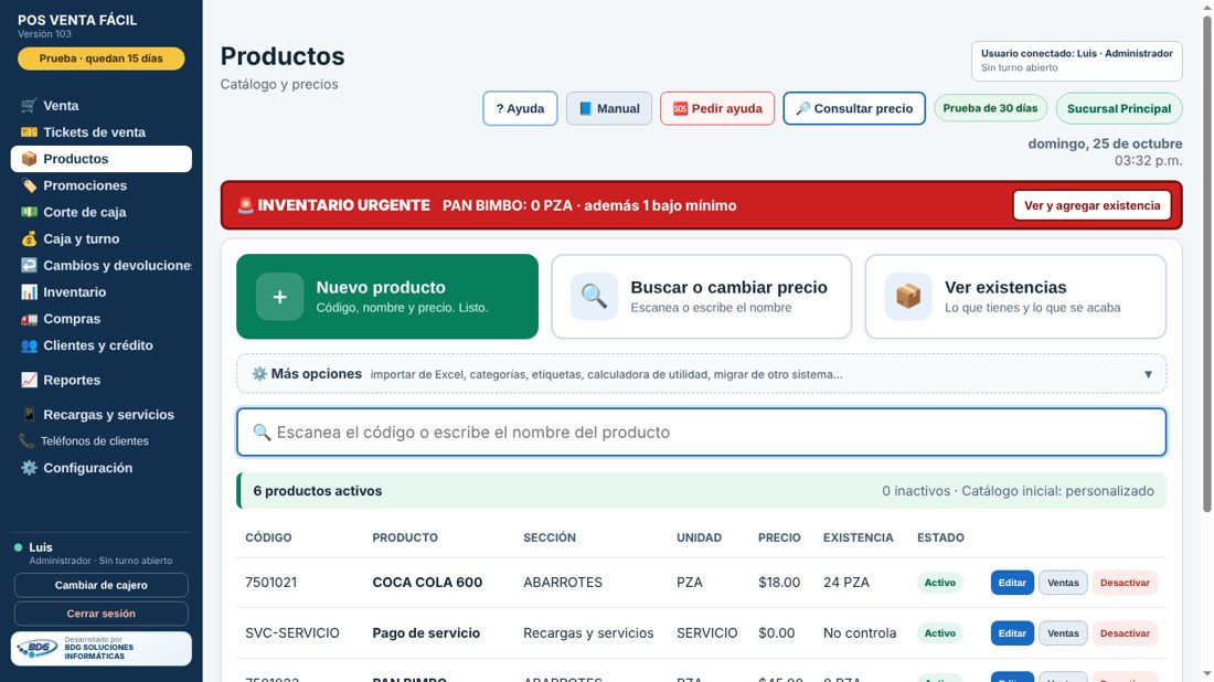 Productos: tres botones grandes