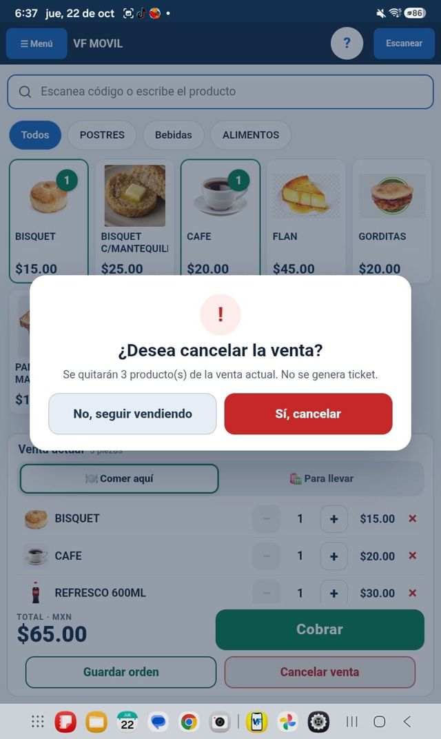Tablet: pregunta antes de cancelar la venta